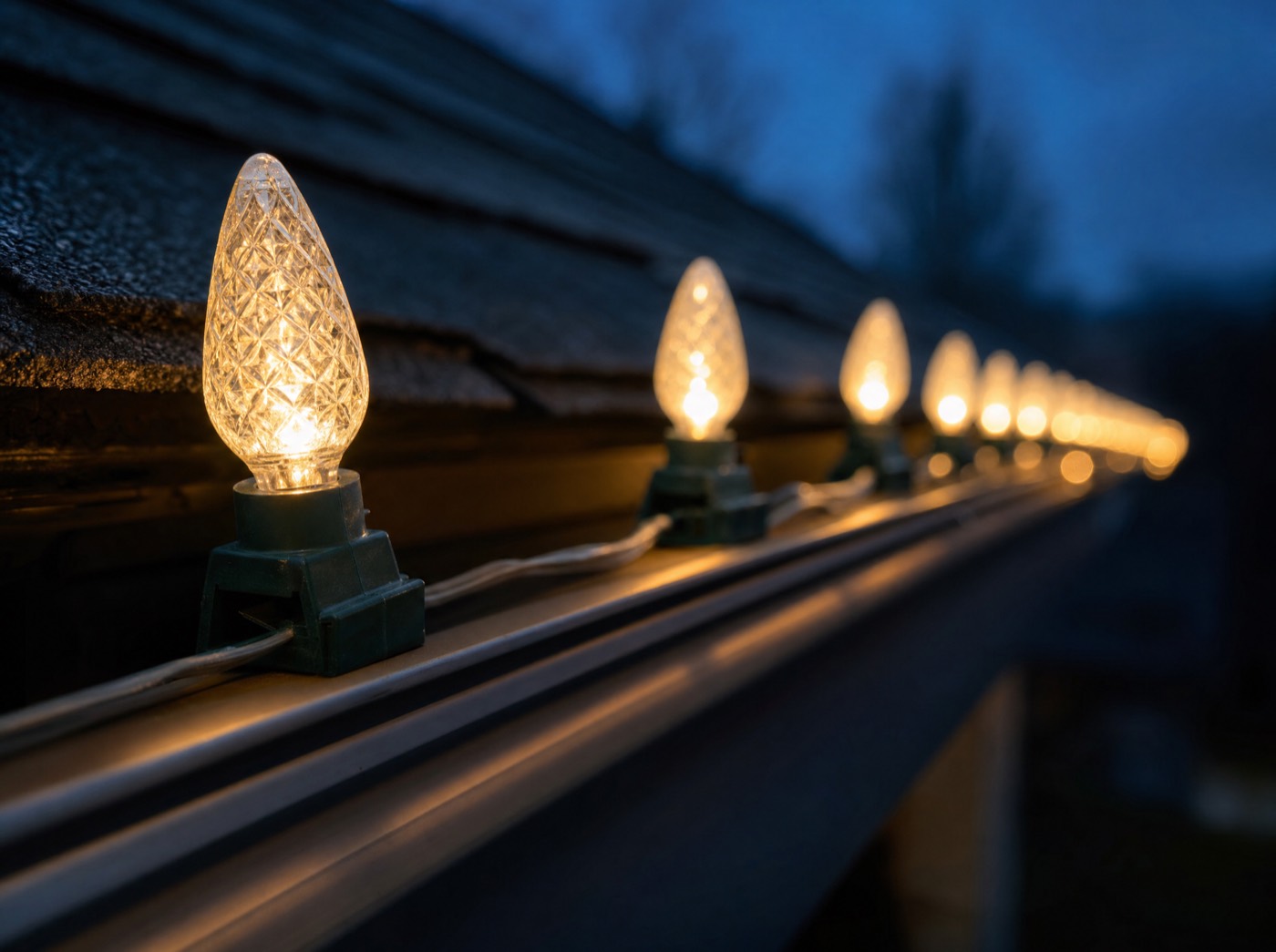 Warm white C9 bulbs clipped evenly along a roof gutter
