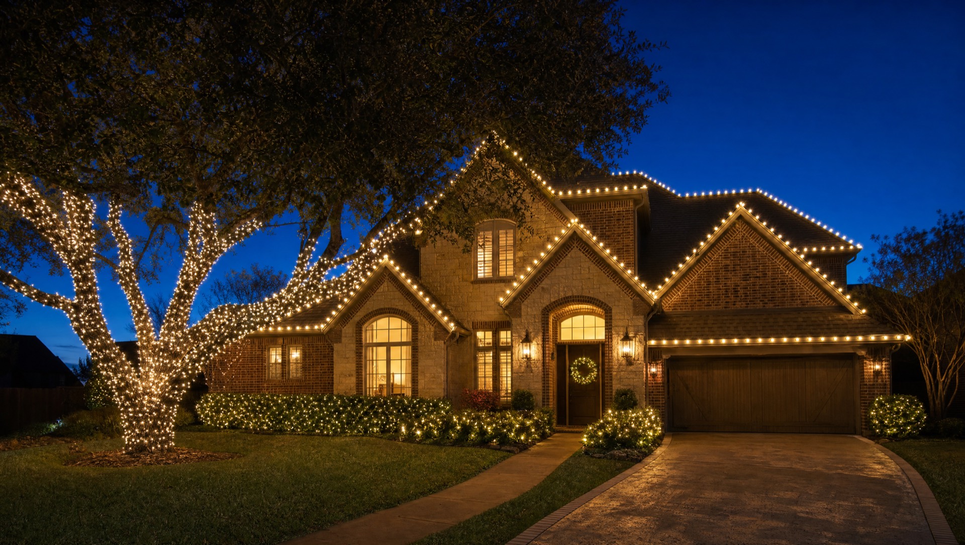 The same home with roofline, oak tree and shrubs lit in warm white Christmas lights
