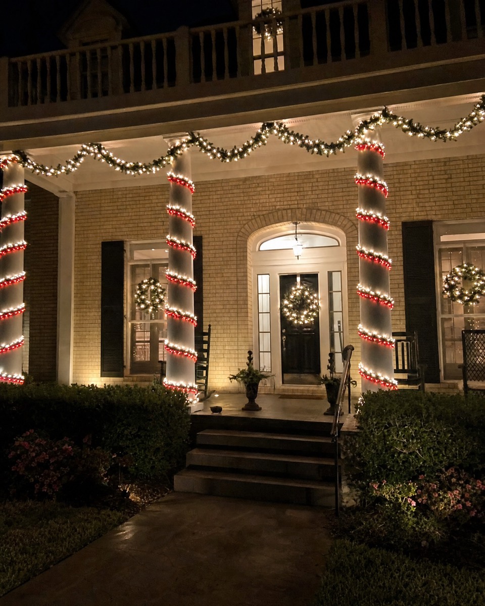 Porch columns wrapped in red and white candy-cane lights with lit garland