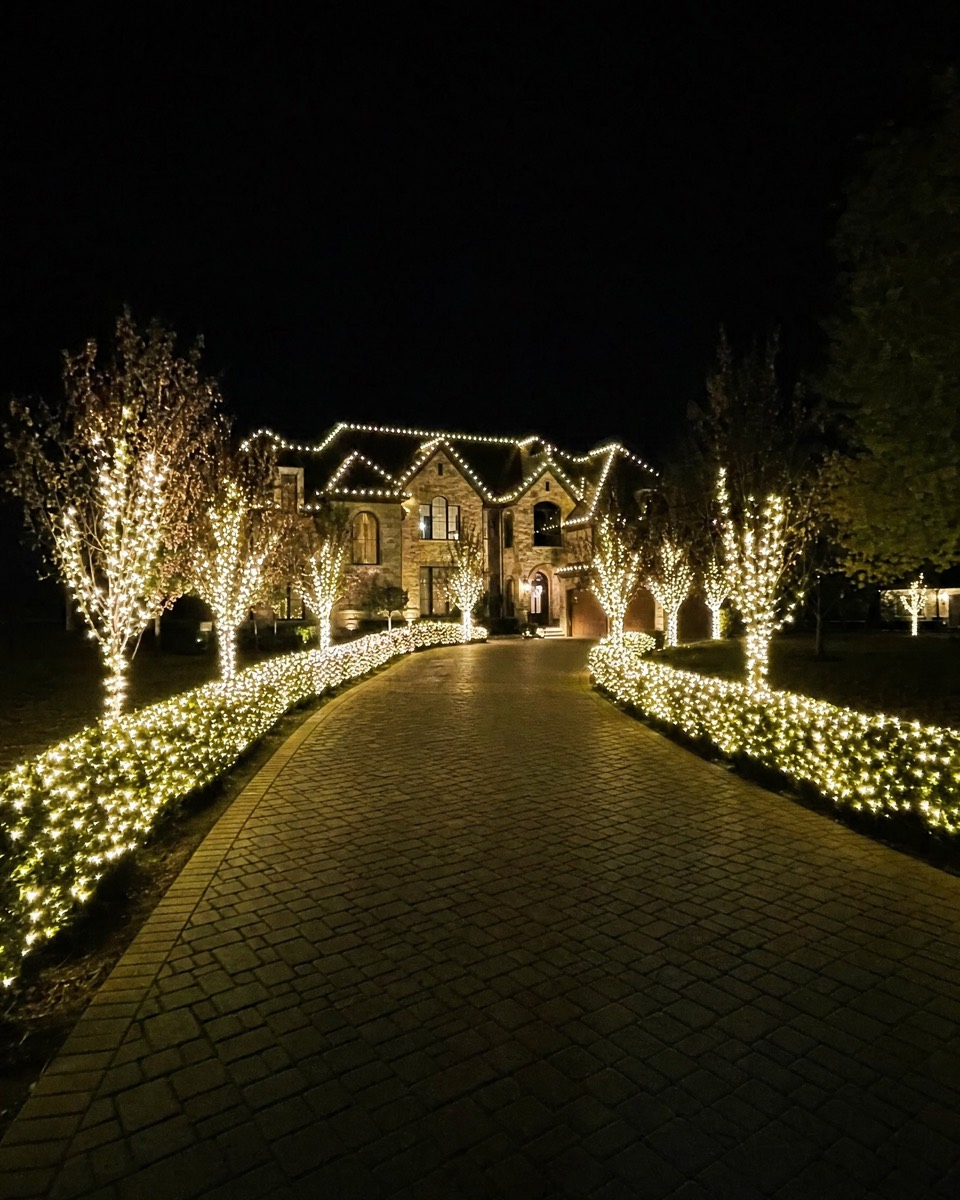 Paver driveway lined with net-lit boxwood hedges and wrapped trees leading to a lit stone home
