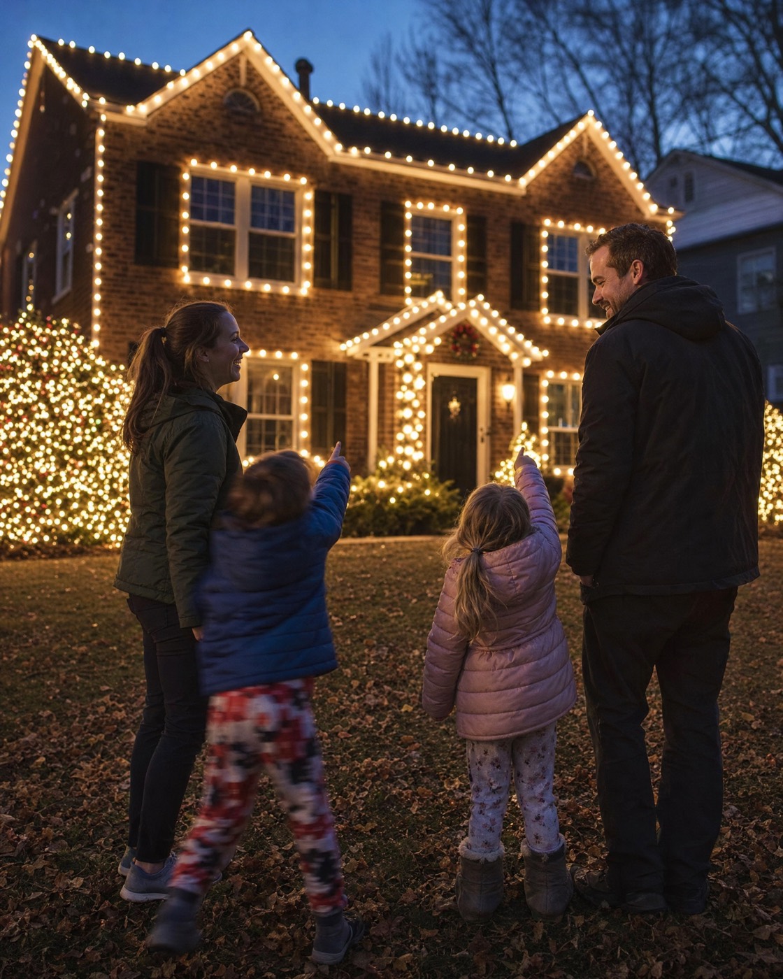 Family on the front lawn pointing at their two-story brick home outlined in warm white lights
