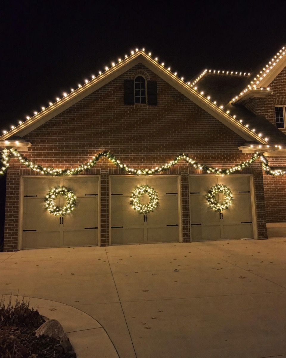 Three garage doors each with a lit wreath under a lit garland swag