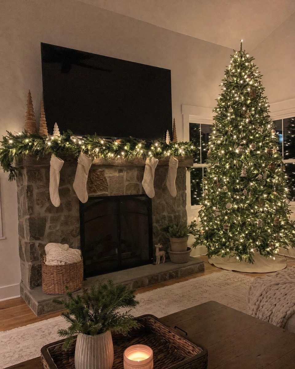 Living room with a lit mantel garland, stockings and a lit Christmas tree