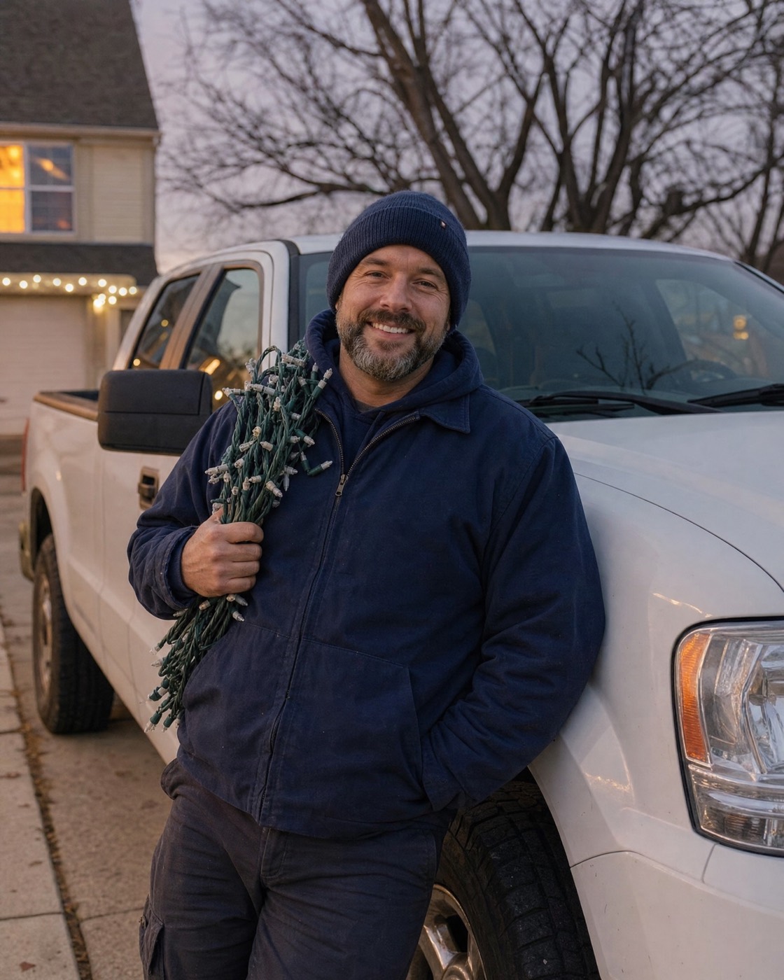 Hollyline's owner smiling beside a white work truck with a coil of lights over his shoulder