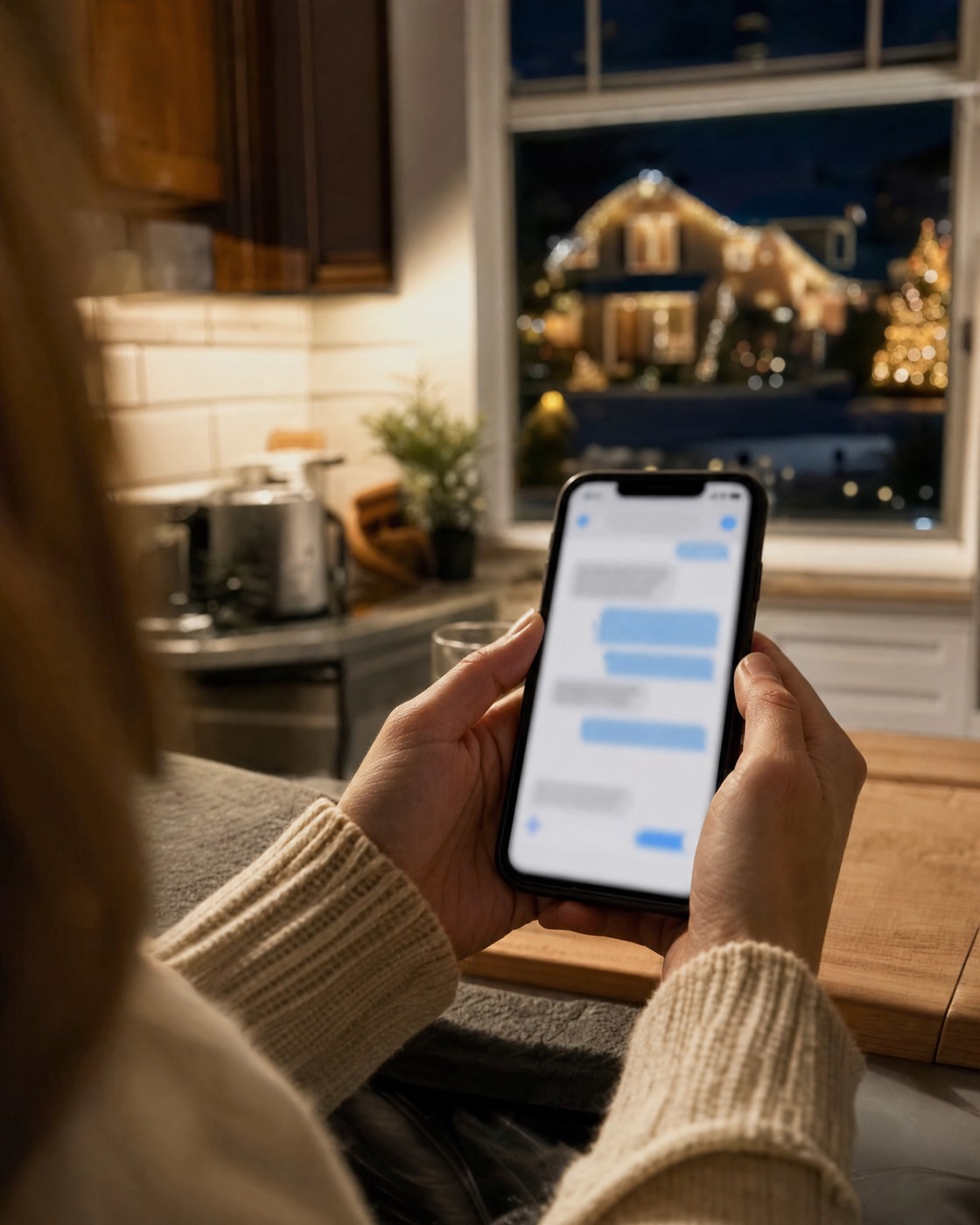 Homeowner holding a phone in her kitchen in the evening