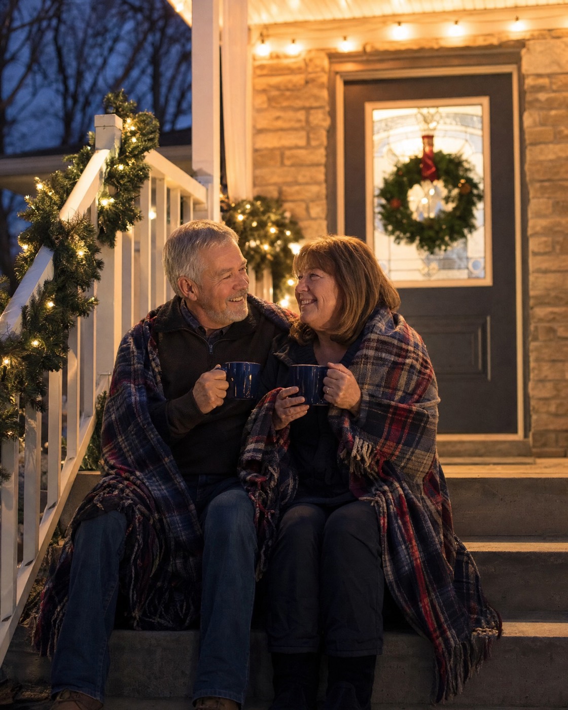 Couple on their front porch steps with mugs of cocoa under warm white lights and garland