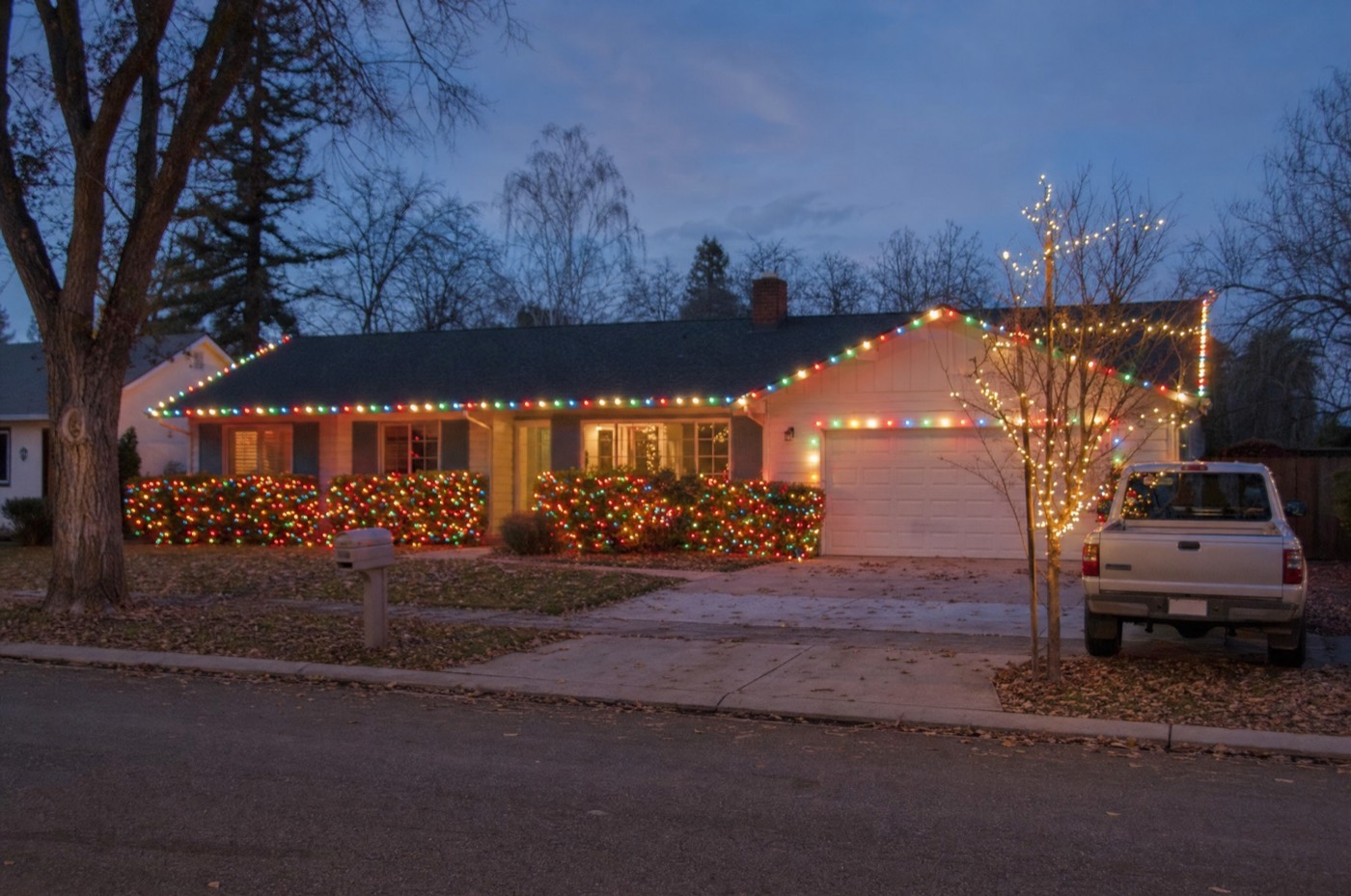 Single-story ranch home with multicolor C9 roofline and shrub nets
